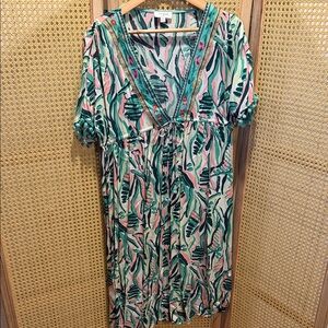 Umgee Teal and Pink Leaf Print V-Neck Coverup